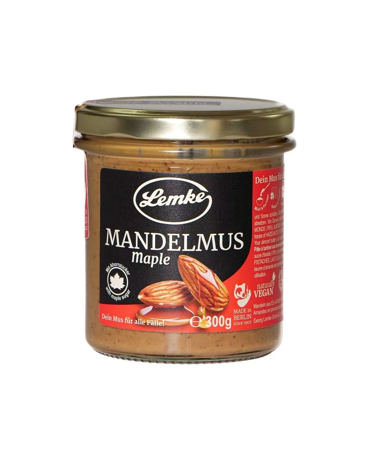 Lemke - Mandelmus Maple - Mandelpaste mit Ahornzucker - 300g (8 Stück je Karton)