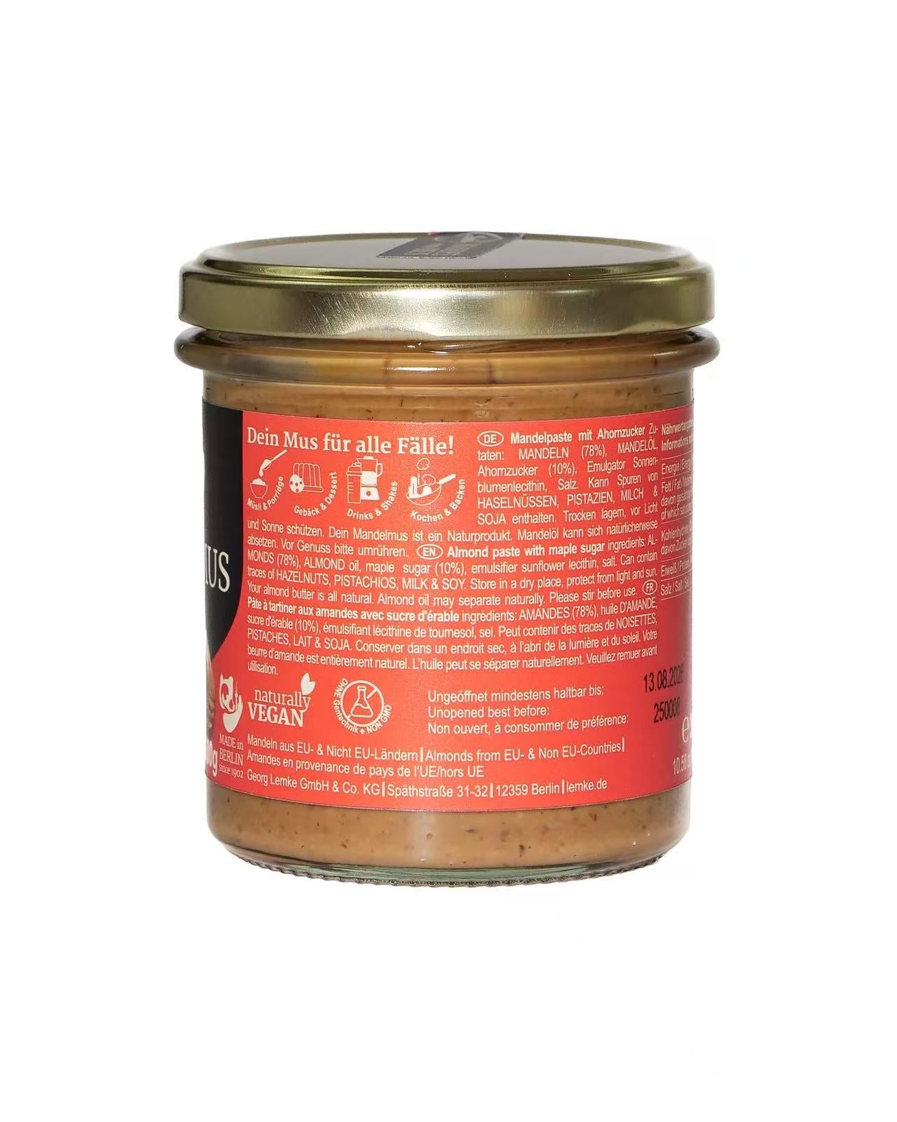 Lemke - Mandelmus Maple - Mandelpaste mit Ahornzucker - 300g (8 Stück je Karton)