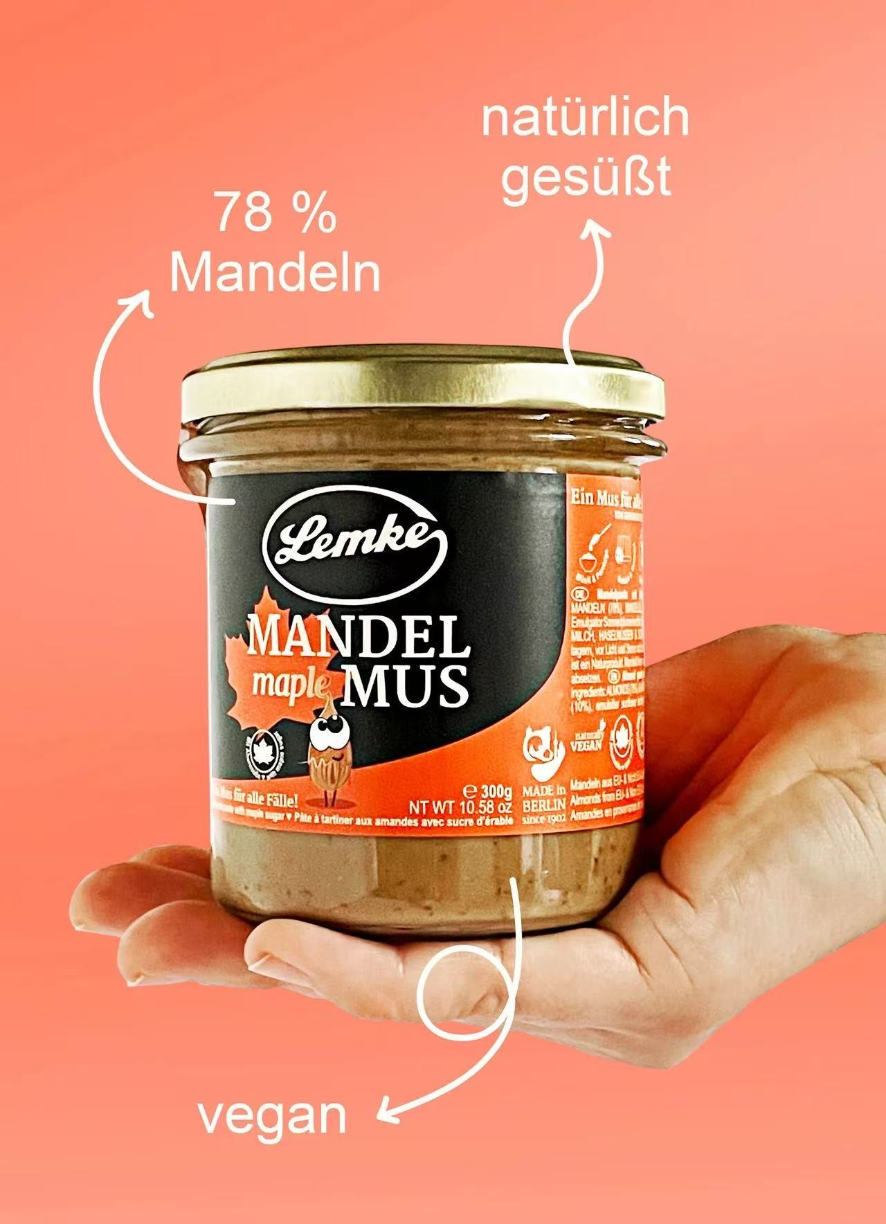 Lemke - Mandelmus Maple - Mandelpaste mit Ahornzucker - 300g (8 Stück je Karton)