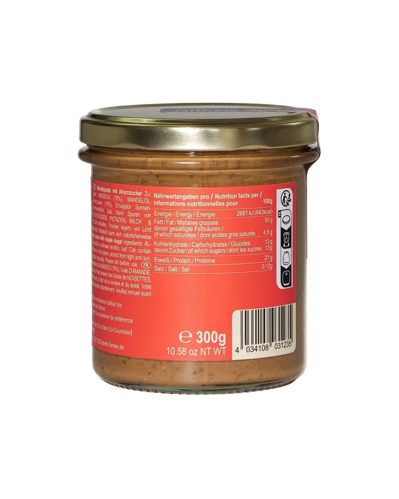 Lemke - Mandelmus Maple - Mandelpaste mit Ahornzucker - 300g (8 Stück je Karton)
