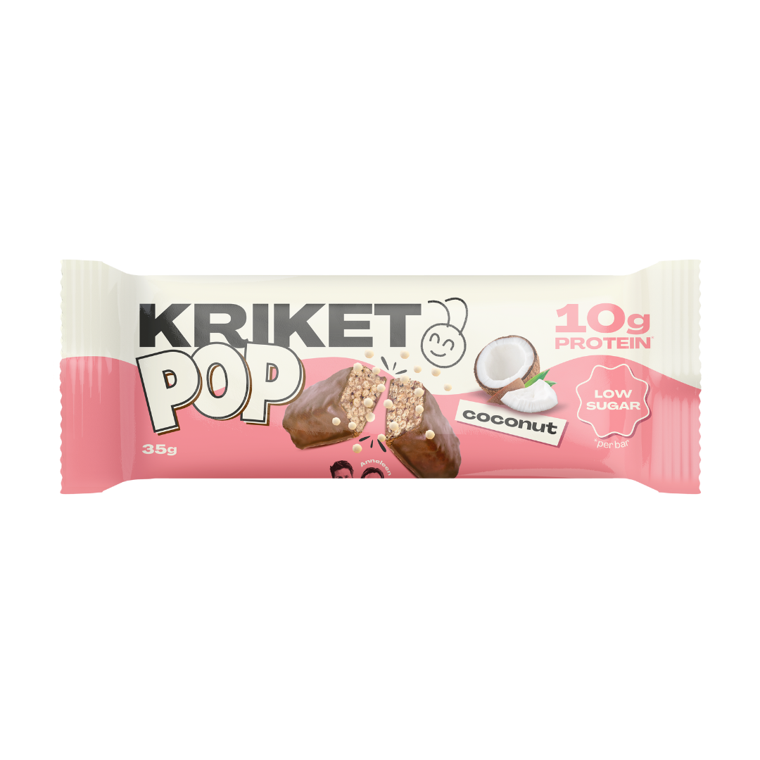 Kriket Bar with coconut flavor, low sugar and high protein