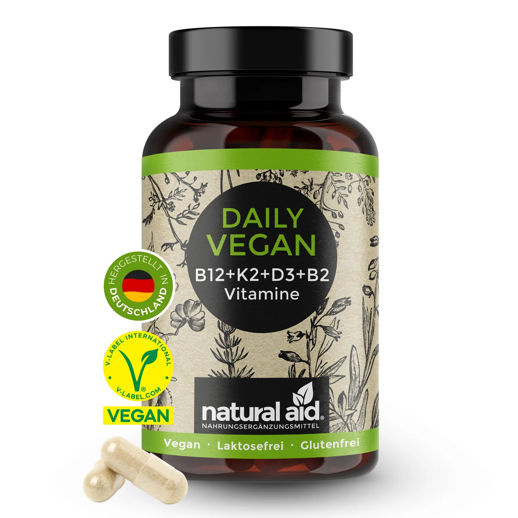Natural Aid - Daily Vegan B12+K2+D3+B2 - 120 Kapseln