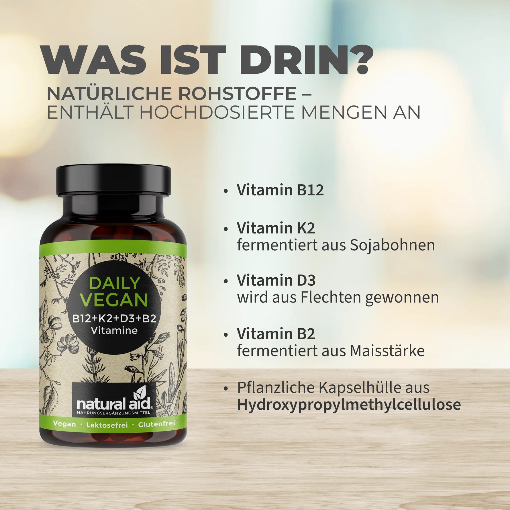 Natural Aid - Daily Vegan B12+K2+D3+B2 - 120 Kapseln