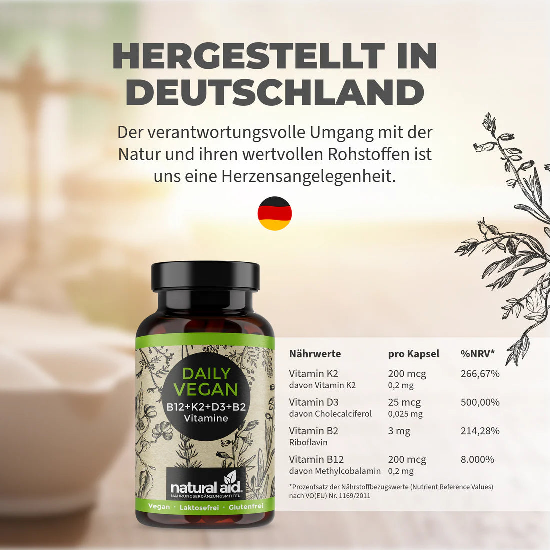 Natural Aid - Daily Vegan B12+K2+D3+B2 - 120 Kapseln