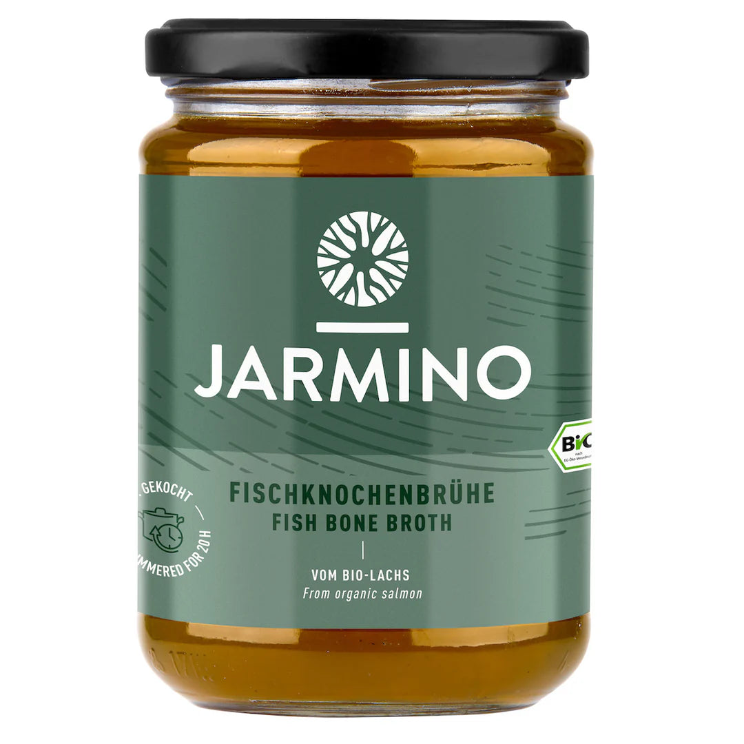 Fischknochenbrühe Bio: Nahrhafte Brühe aus Biolachs, gekocht mit Sternanis und Fenchel für einen feinen Geschmack