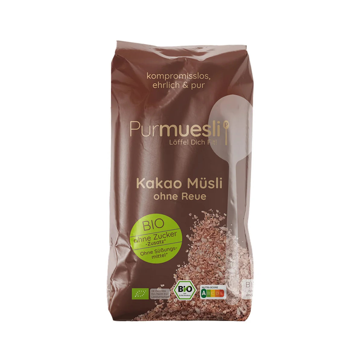 Bio Kakao Müsli ohne Zuckerzusatz, vegan und laktosefrei, ideal zum Anrühren mit Milch oder Pflanzendrinks