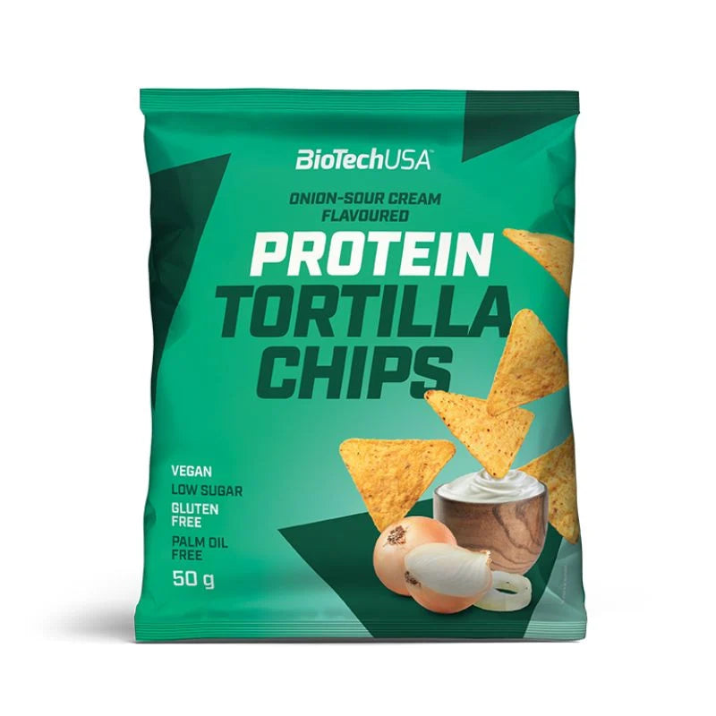BioTechUSA Protein Tortilla Chips 50g Sauersahne-Zwiebel (Karton mit 16 Stück)