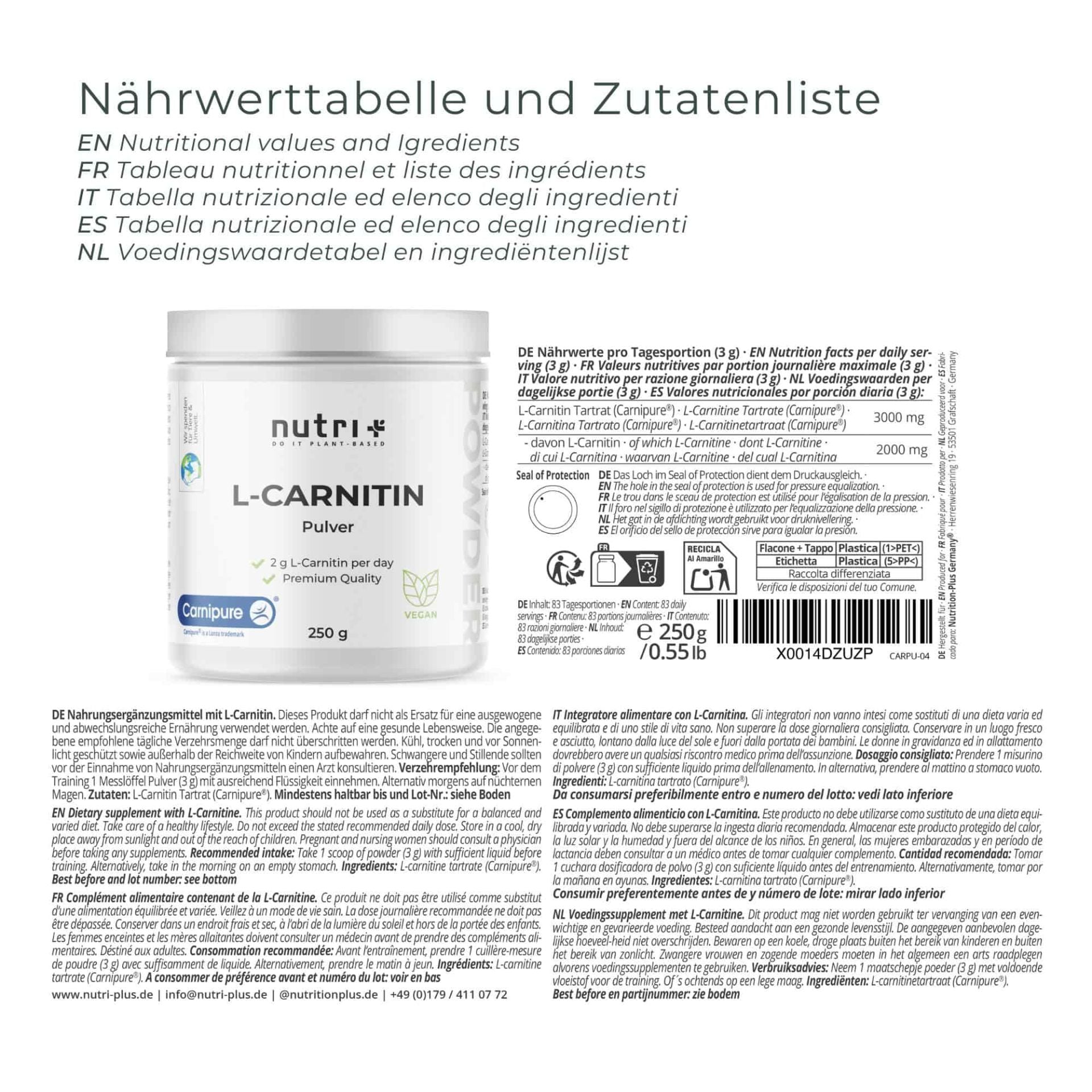 Nutri+ - L-Carnitin Pulver (Carnipure®) - 250g