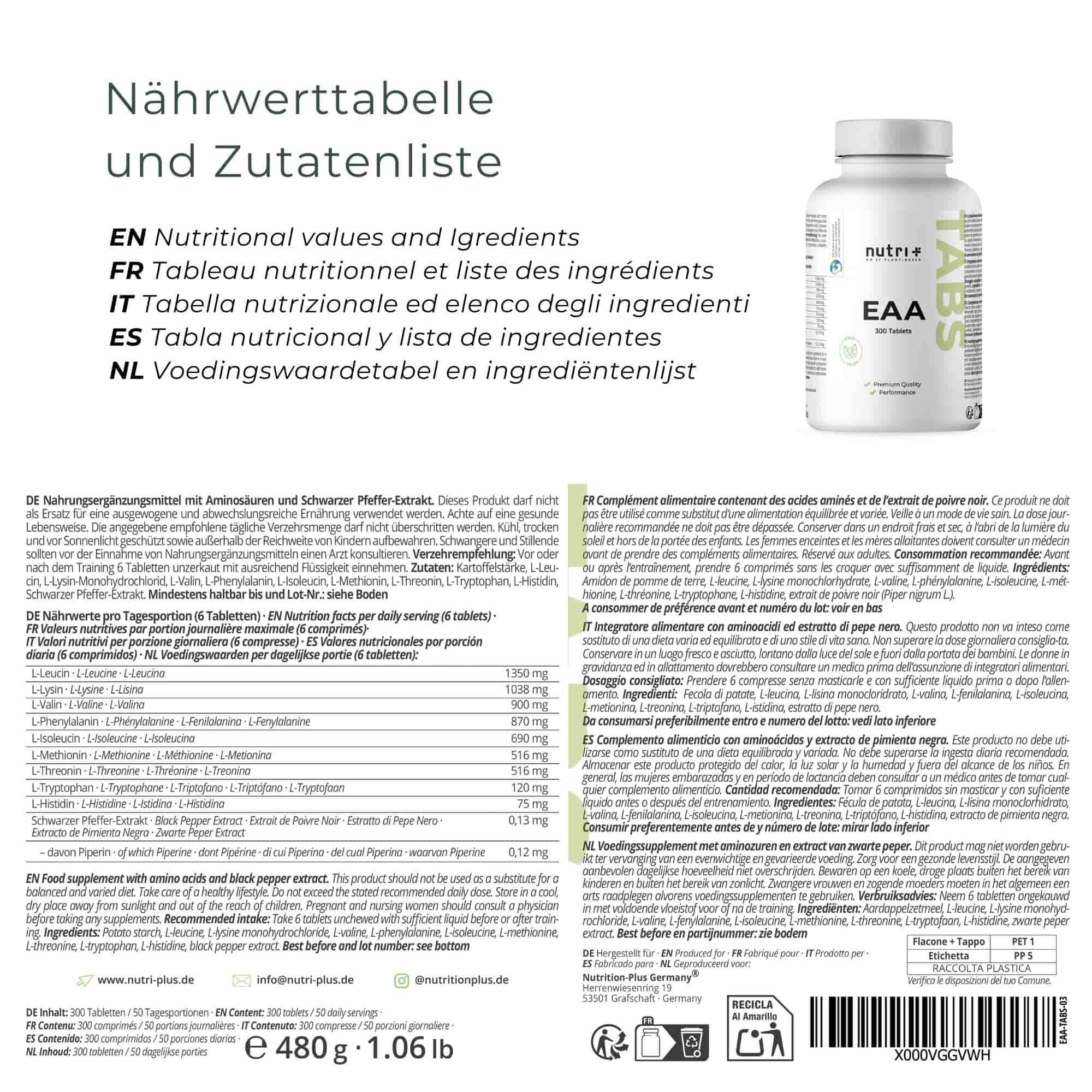 Nutri+ - EAA Tabletten - 300 Tabletten