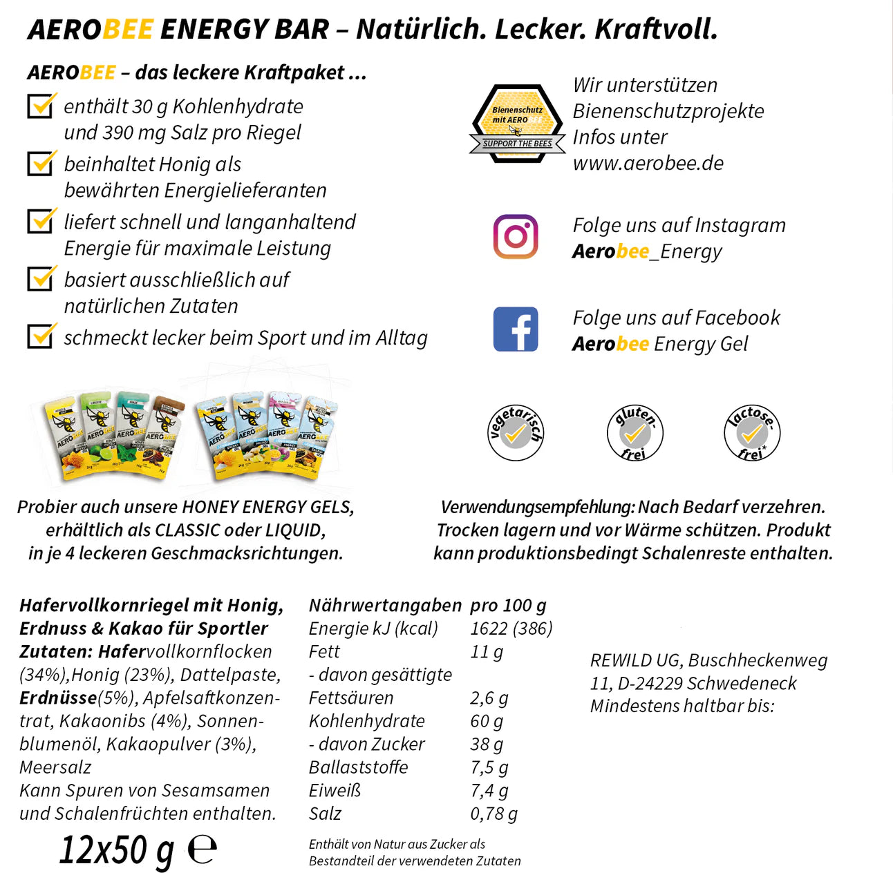 Aerobee - Honey Energy Bar - 50 g (A Tray a 12 Stück)