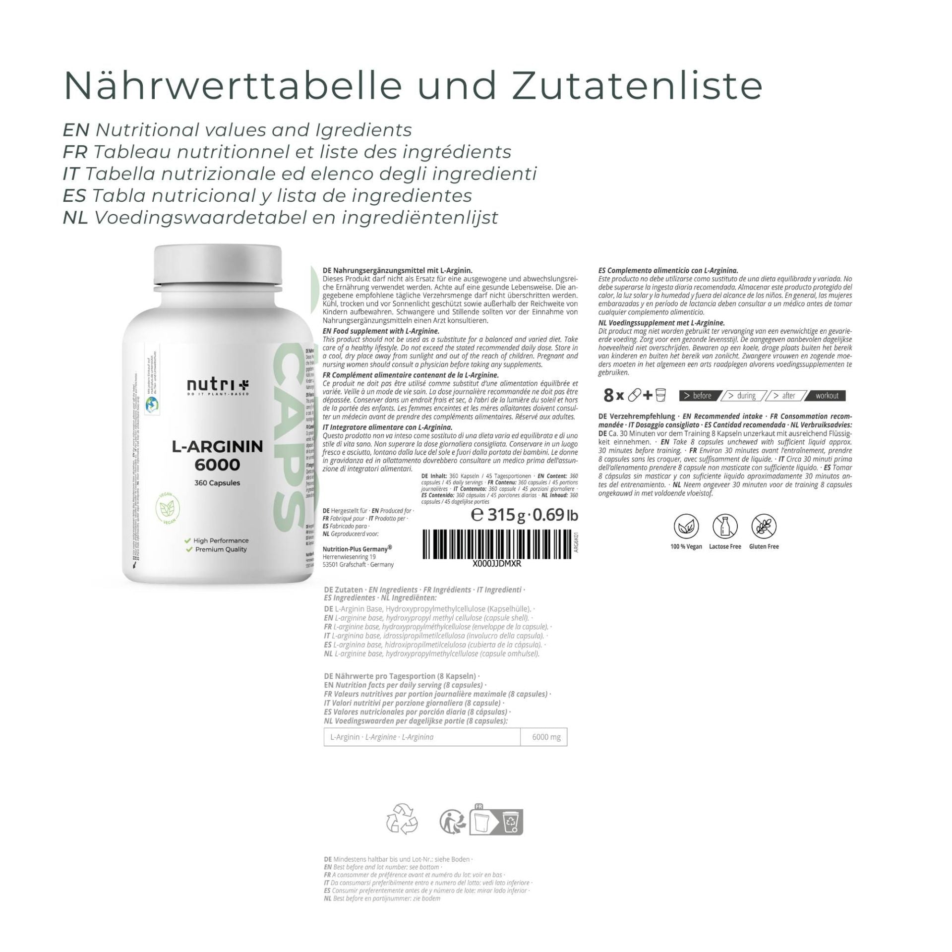 Nutri+ - L-Arginin 6000 - 360 Kapseln