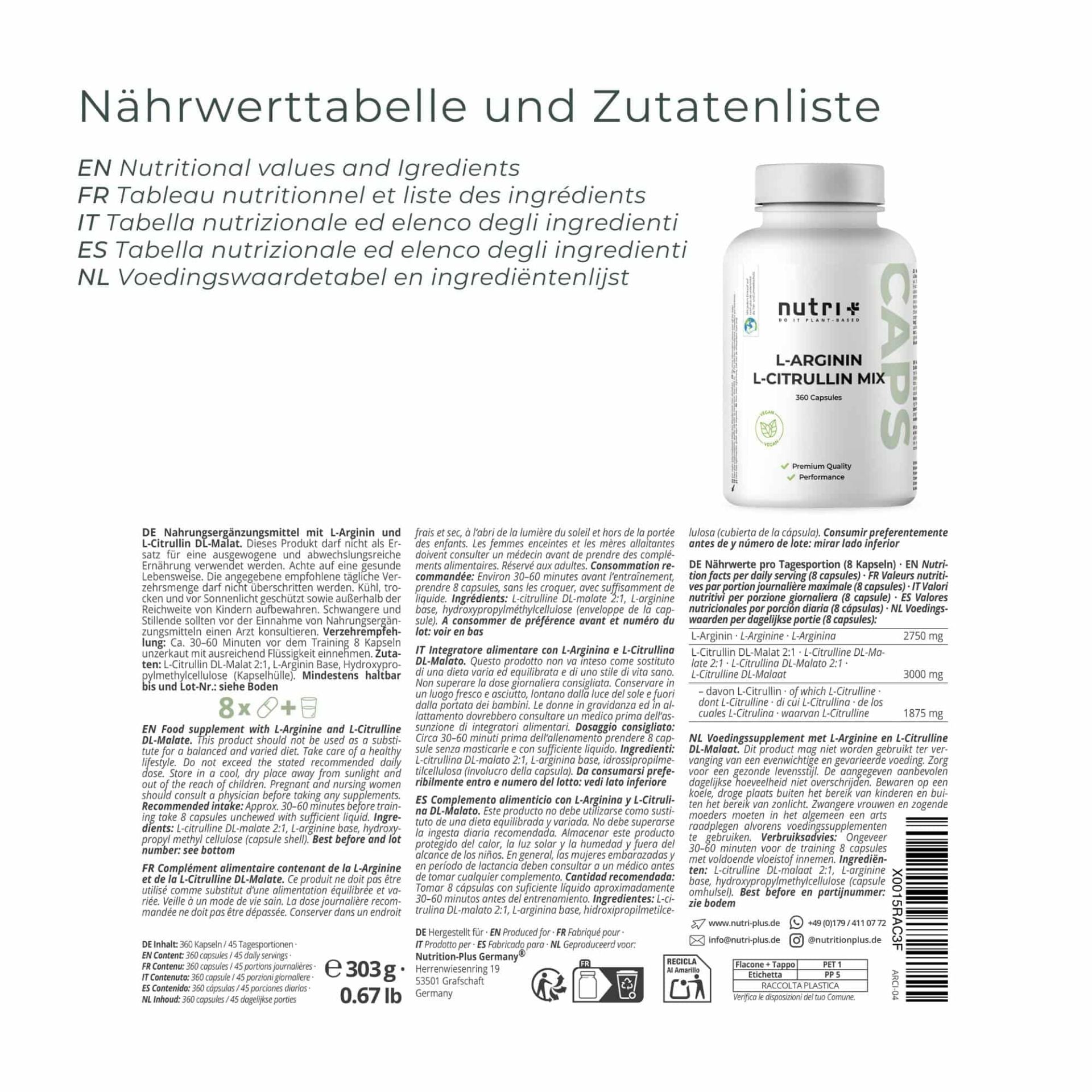 Nutri+ - L-Arginin L-Citrullin Mix - 360 Kapseln
