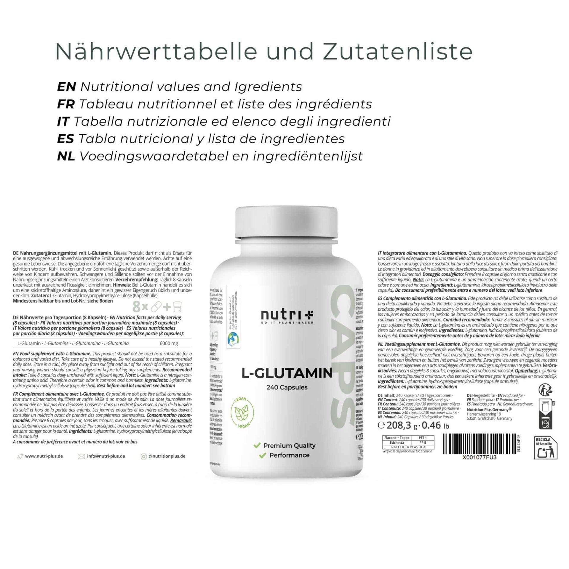 Nutri+ - L-Glutamin Kapseln  - 240 Kapseln