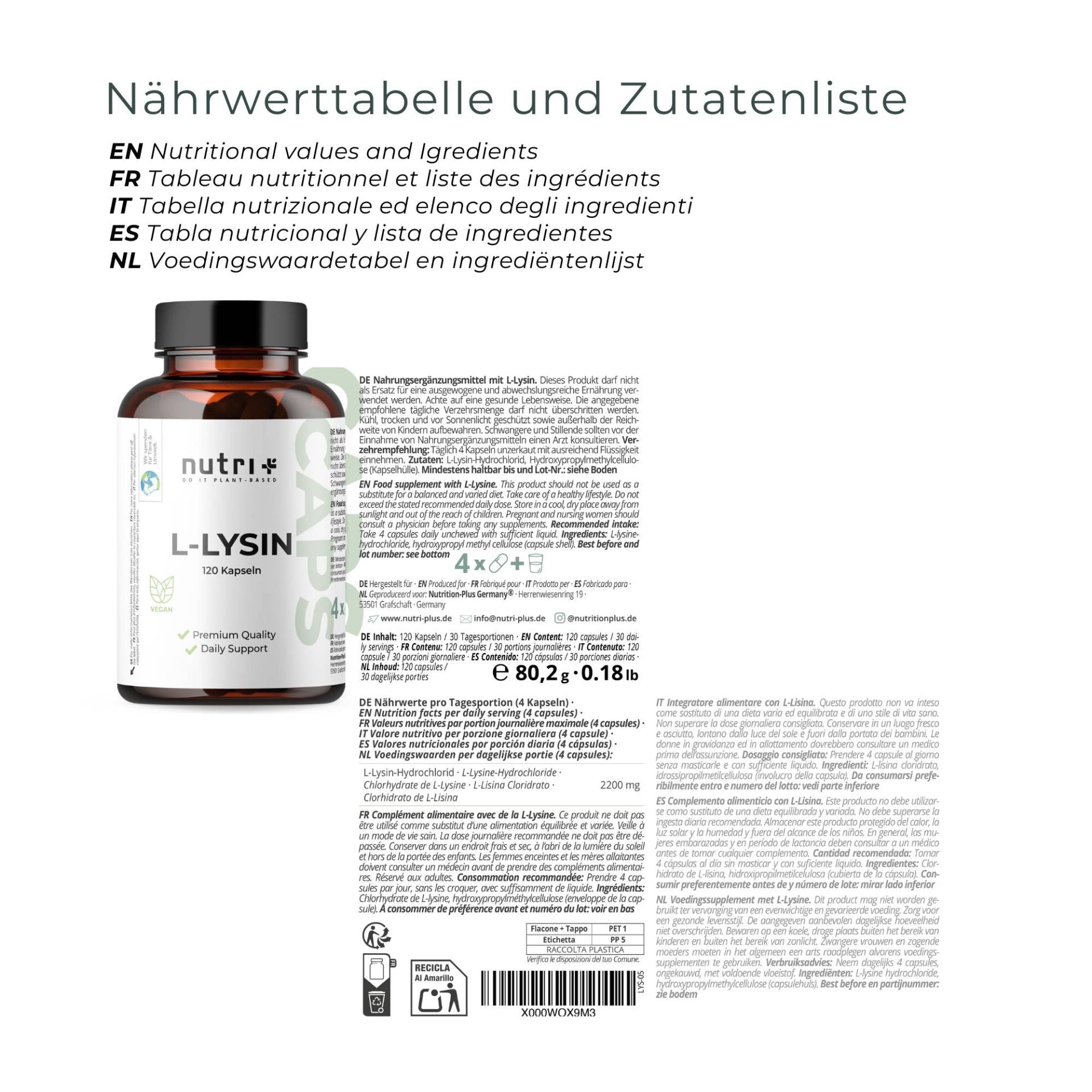 Nutri+ - L-Lysin Kapseln  - 120 Kapseln