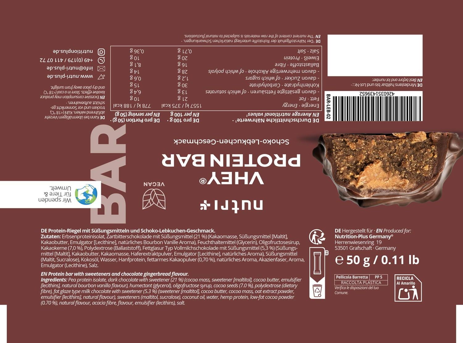 Nutri+ - Whey Protein Bar - Lebkuchen (12 Stück a Tray)