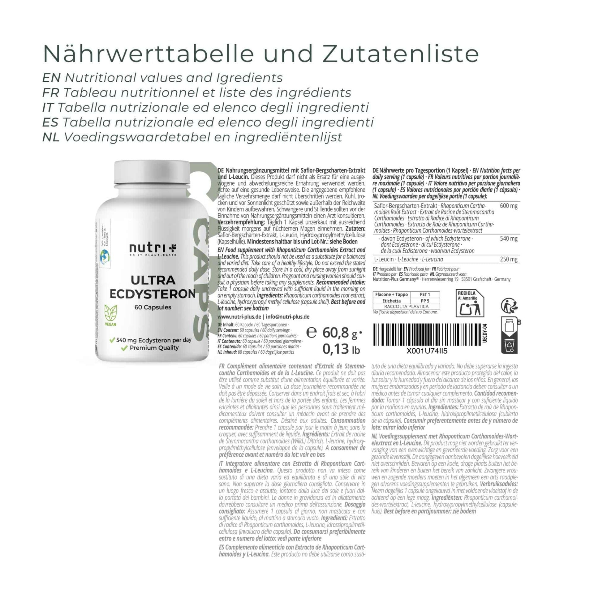 Nutri+ - Ultra Ecdysteron Kapseln + Leucin - 60 Kapseln