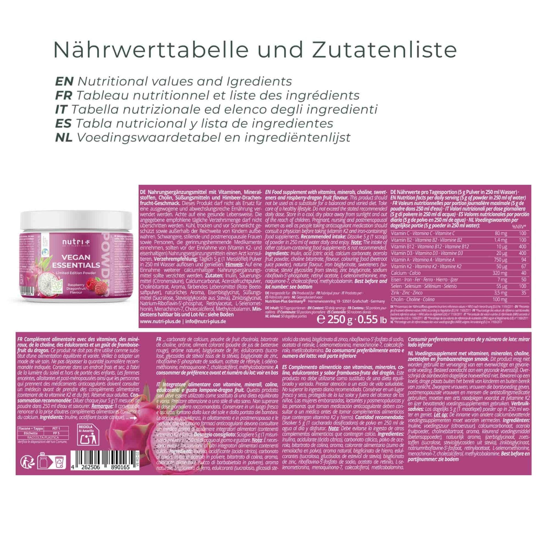 Nutri+ - Vegan Essentials Pulver Raspberry Dragonfruit - 250g