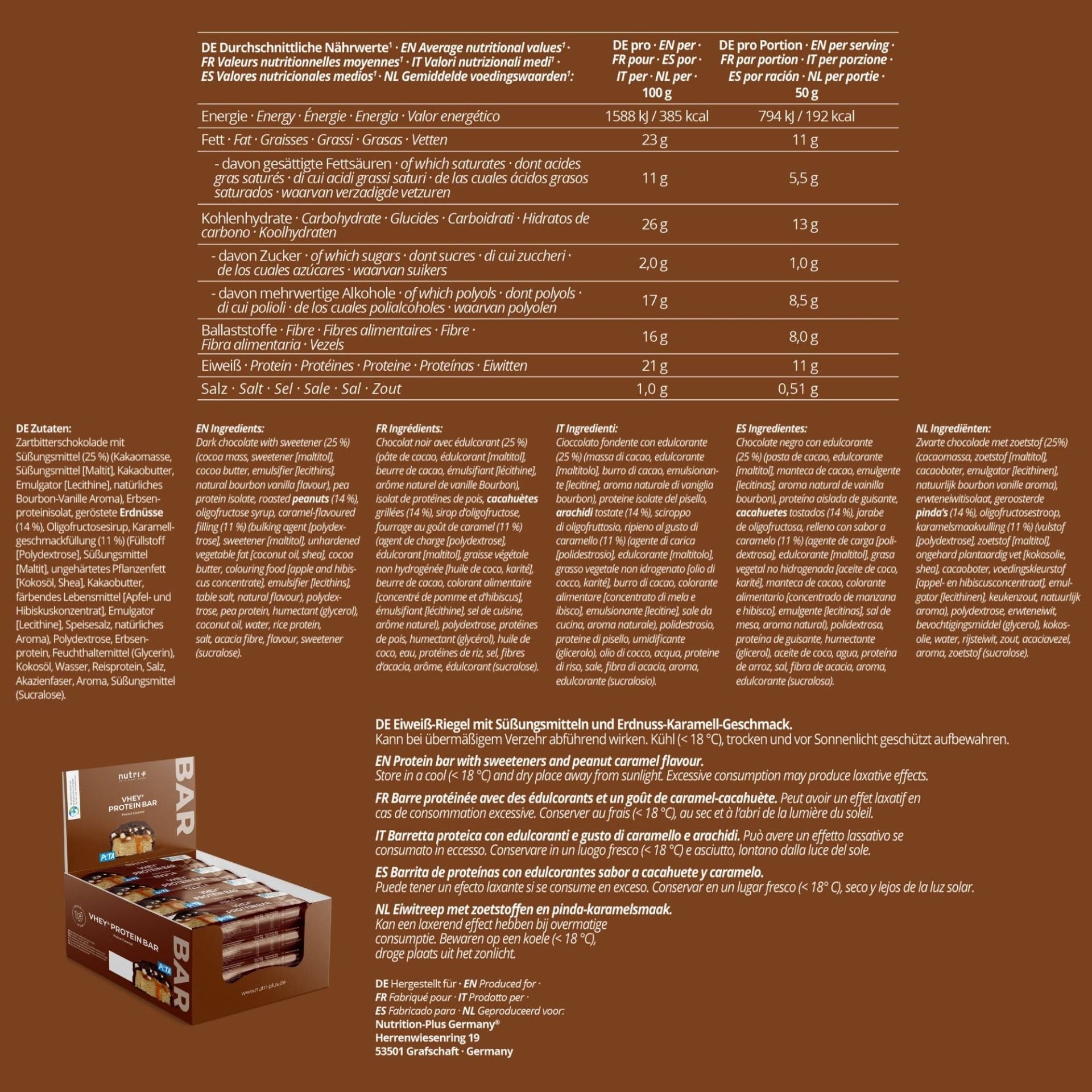 Nutri+ - Whey Protein Bar - Peanut Caramel (12 Stück a Tray)